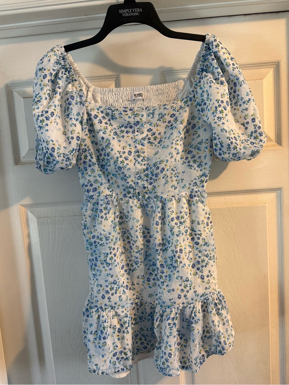 BB Dakota Steve Madden White/Blue Floral Square Neck Cottagecore Puff Mini S